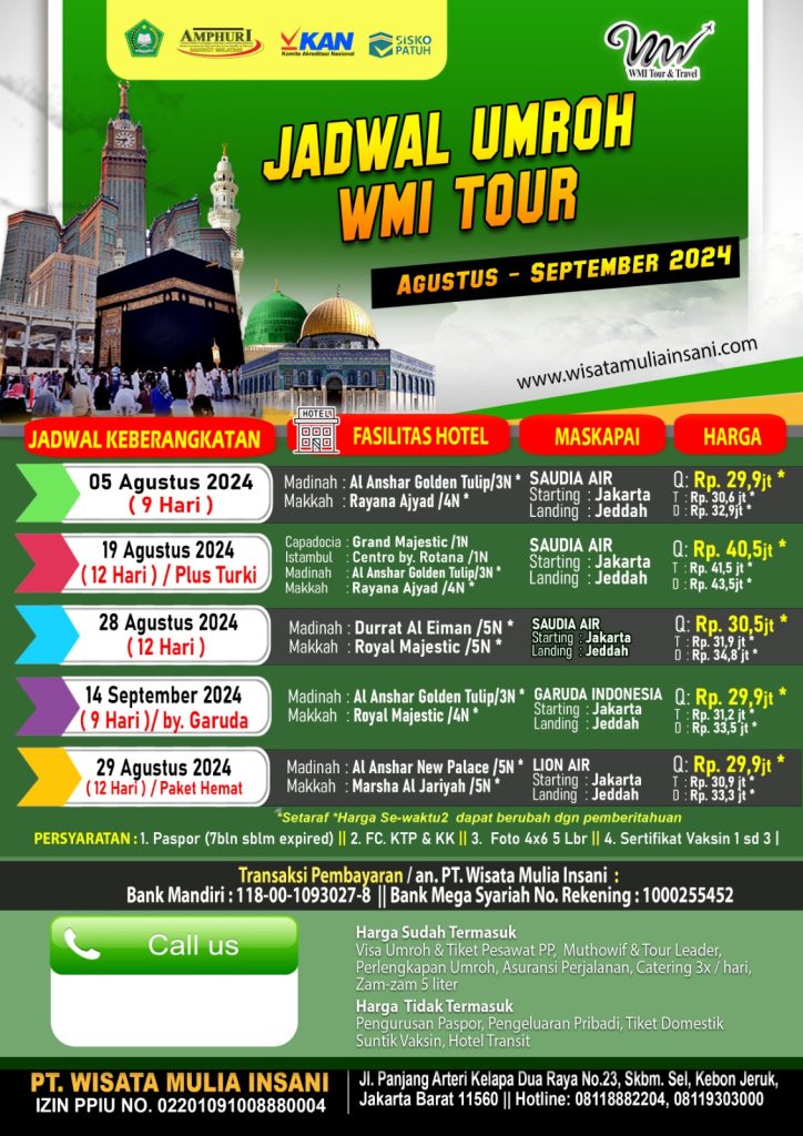 Jadwal keberangkatan Umroh Musim 2024 PT Wisata Mulia Insani