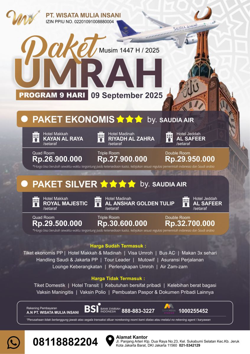 Paket Umroh Murah 9 Hari Berangkat 9 September 2025 Wisata Mulia Insani design y DIM Kreatif